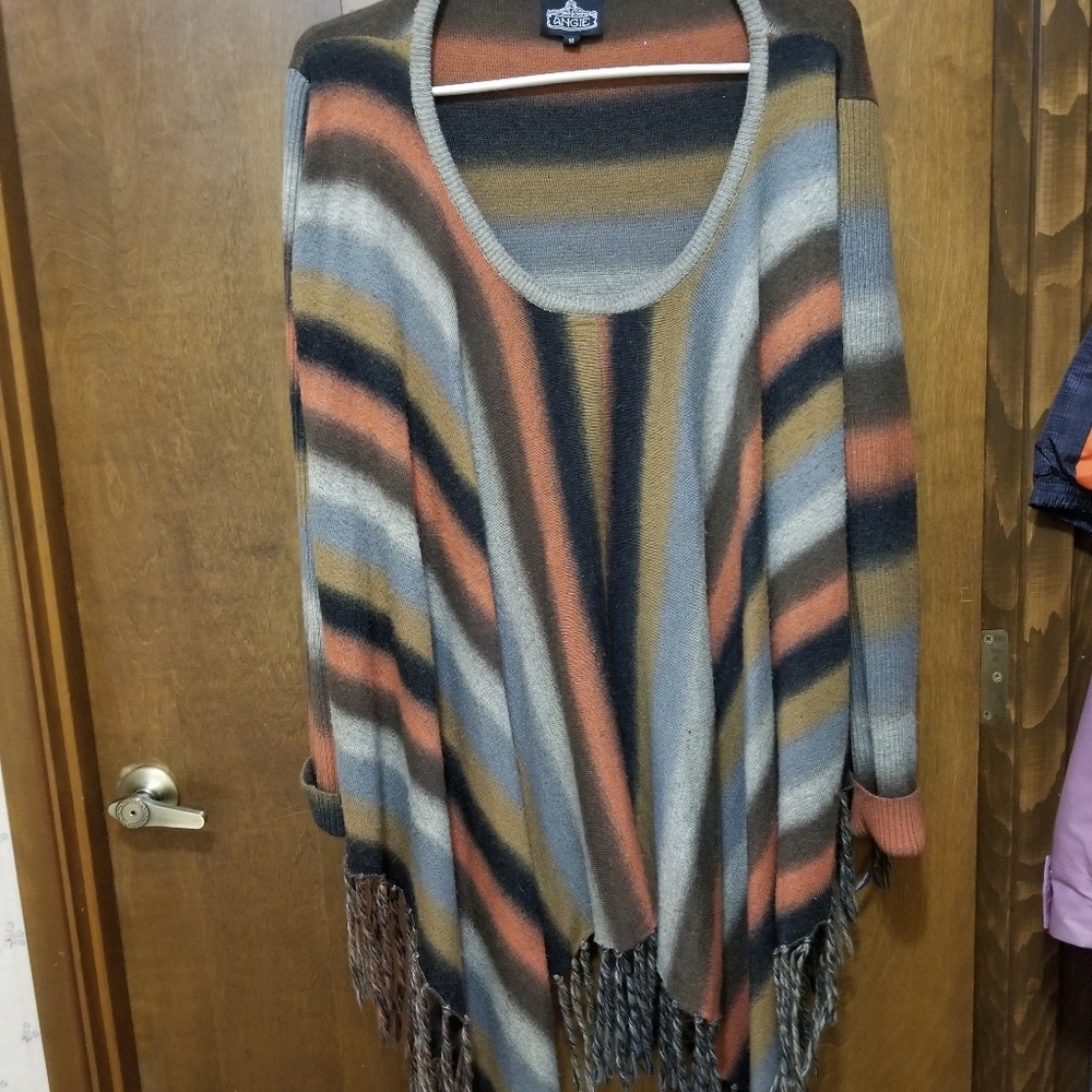Angie Striped Poncho Sweater with Sleeves